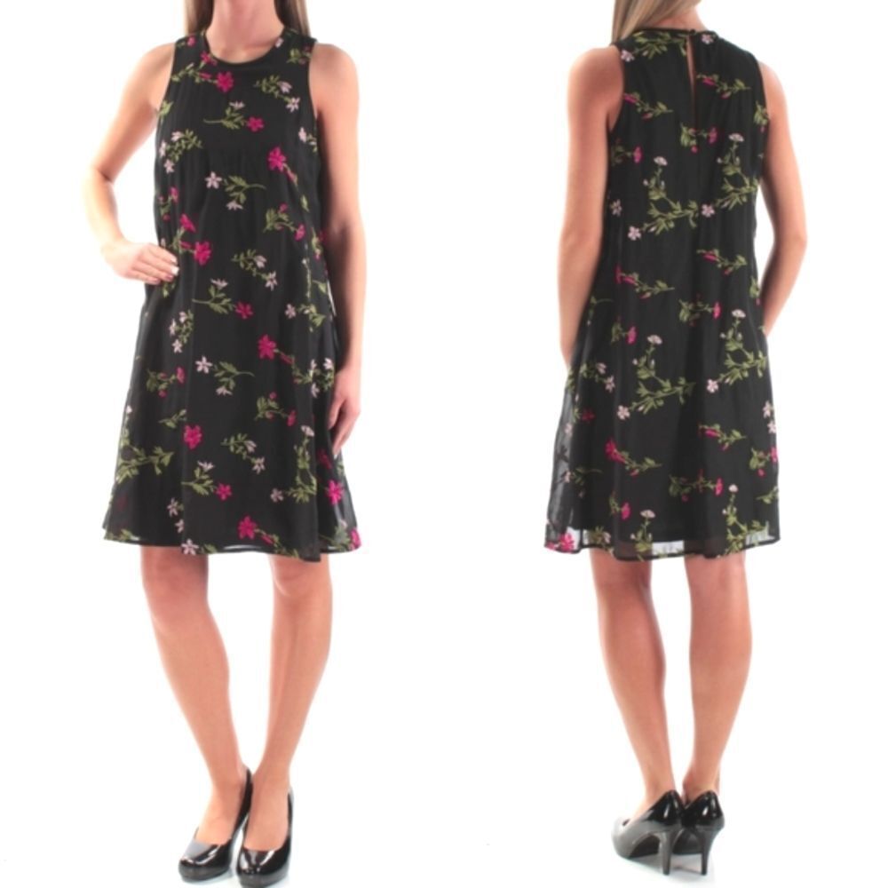 Tommy Hilfiger Floral Embroidered Black Sleeveless Black A Line Dress Womens 6